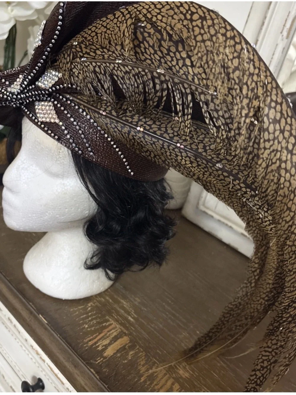 Crystal-Trim Brown Feathered Cocktail Hat
